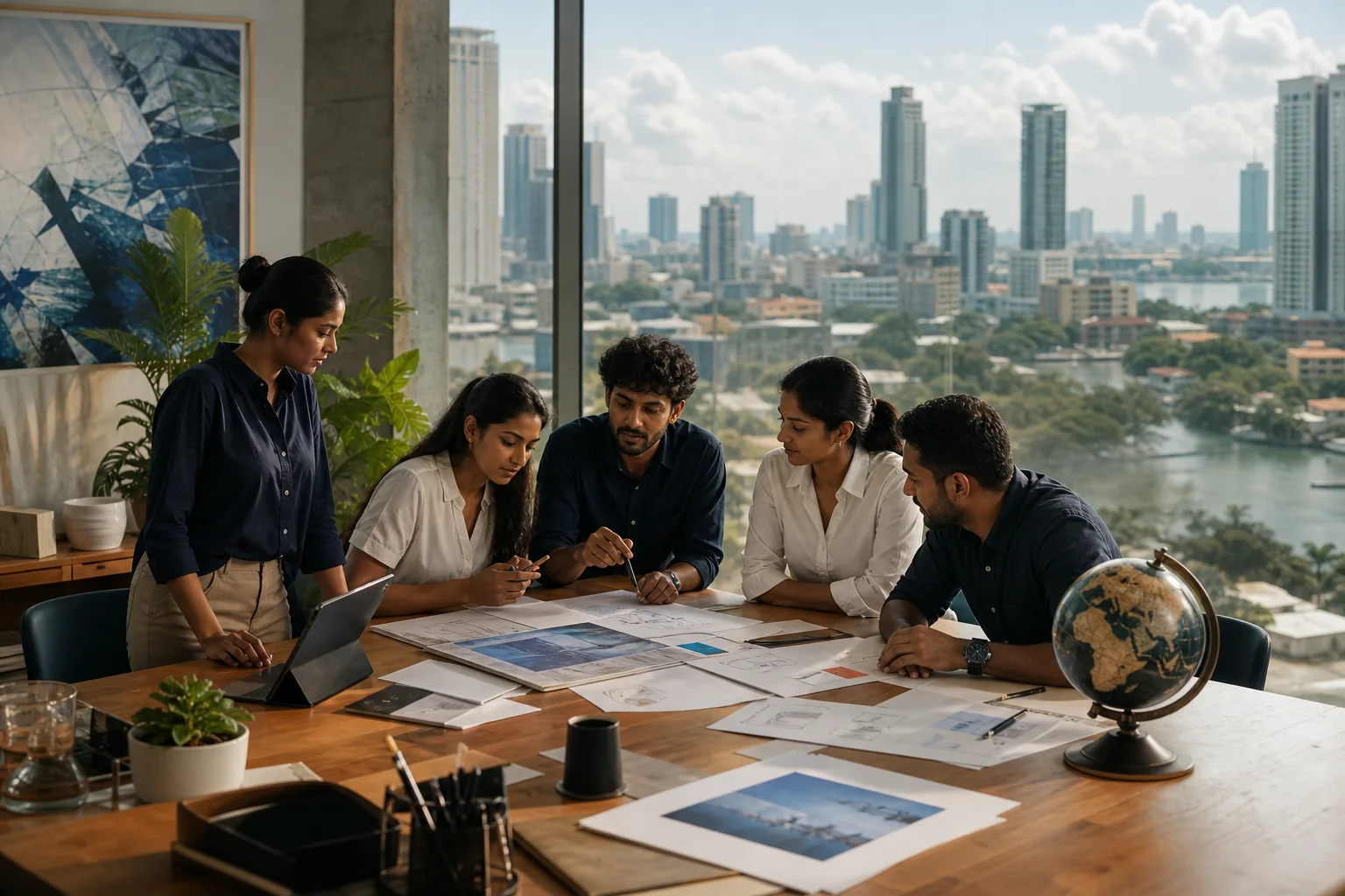 Sri Lankan technology and creative team developing ideas with a view across Colombo
