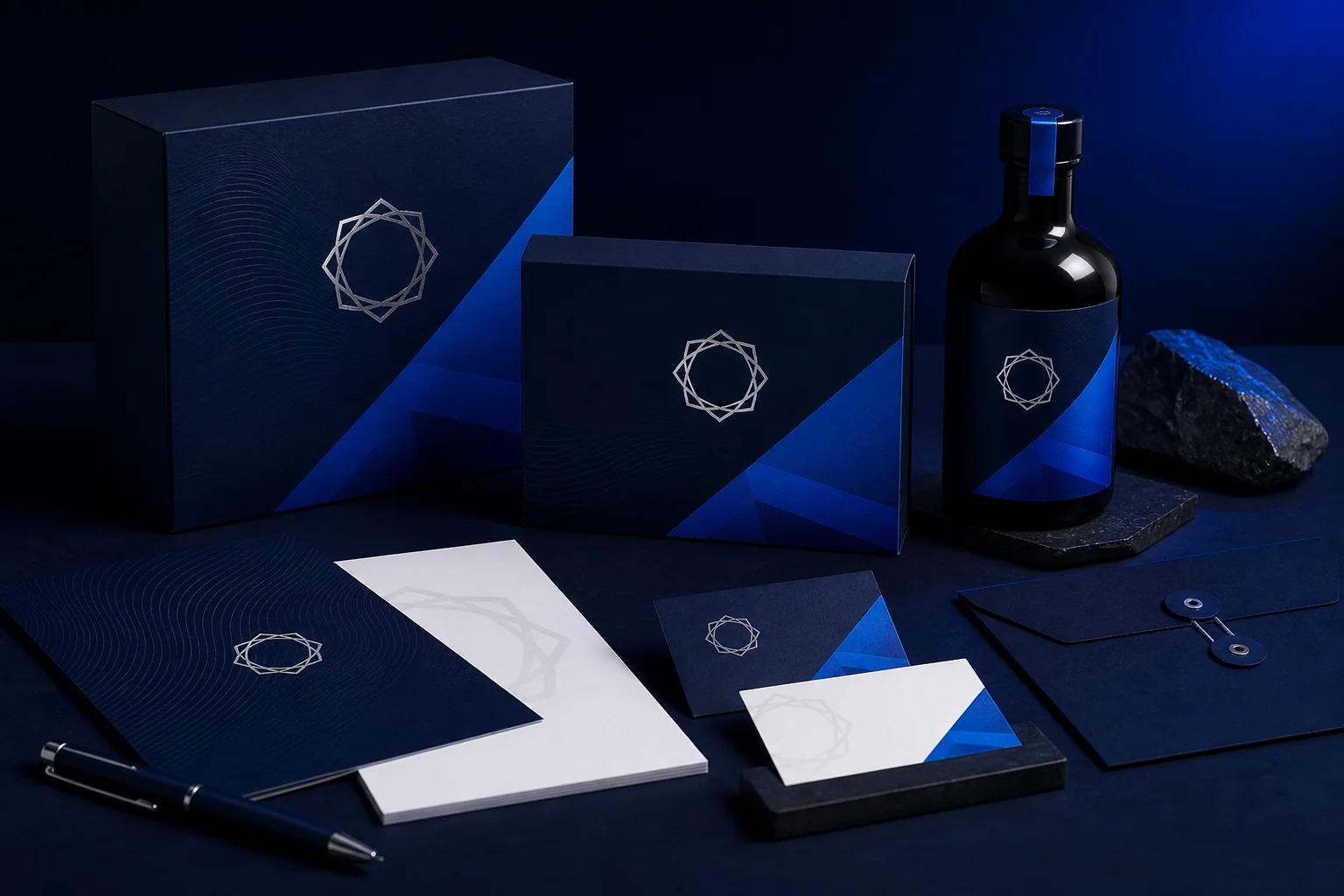 Premium blue brand identity system concept across packaging and stationery