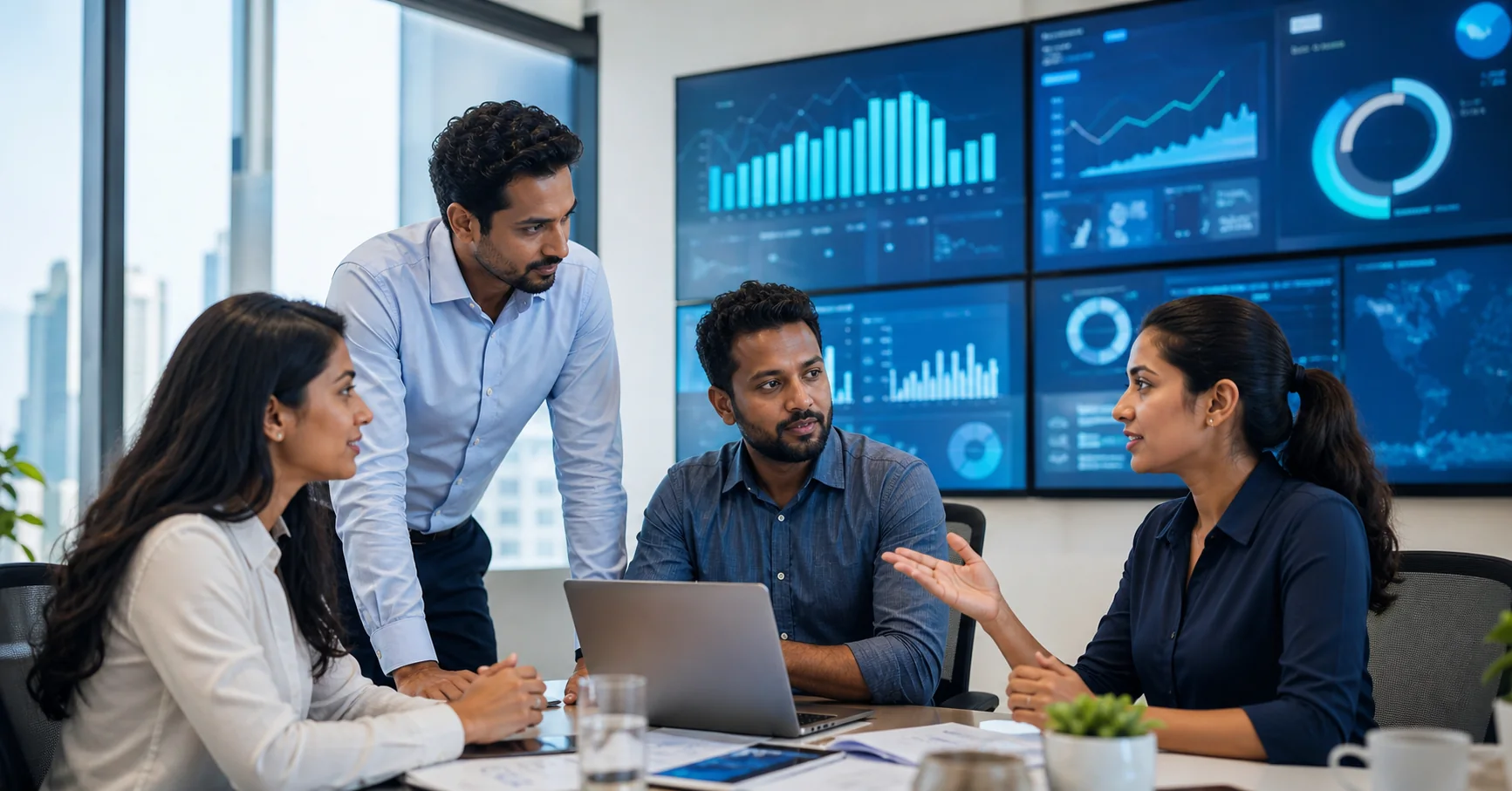 Sri Lankan business team collaborating around an intelligent operations dashboard